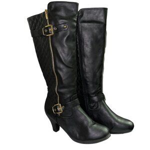 Top Moda Over Calf Quilted Zip Heeled Black Boot Size 9